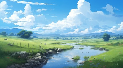 Fototapeta premium A tranquil river flowing through green meadows, left empty space, soft pale blue background,generative ai illustration