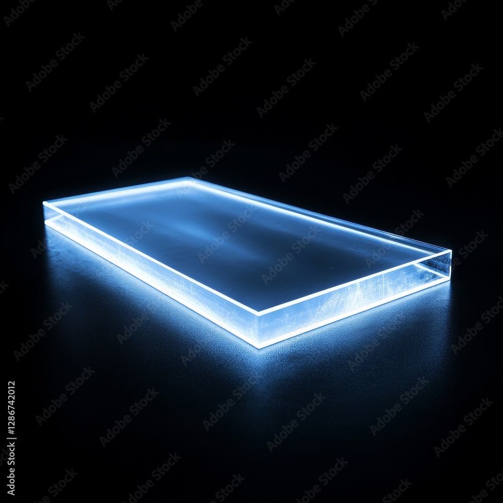 Poster glowing blue edge lit acrylic display block on black surface, modern product showcase with futuristi