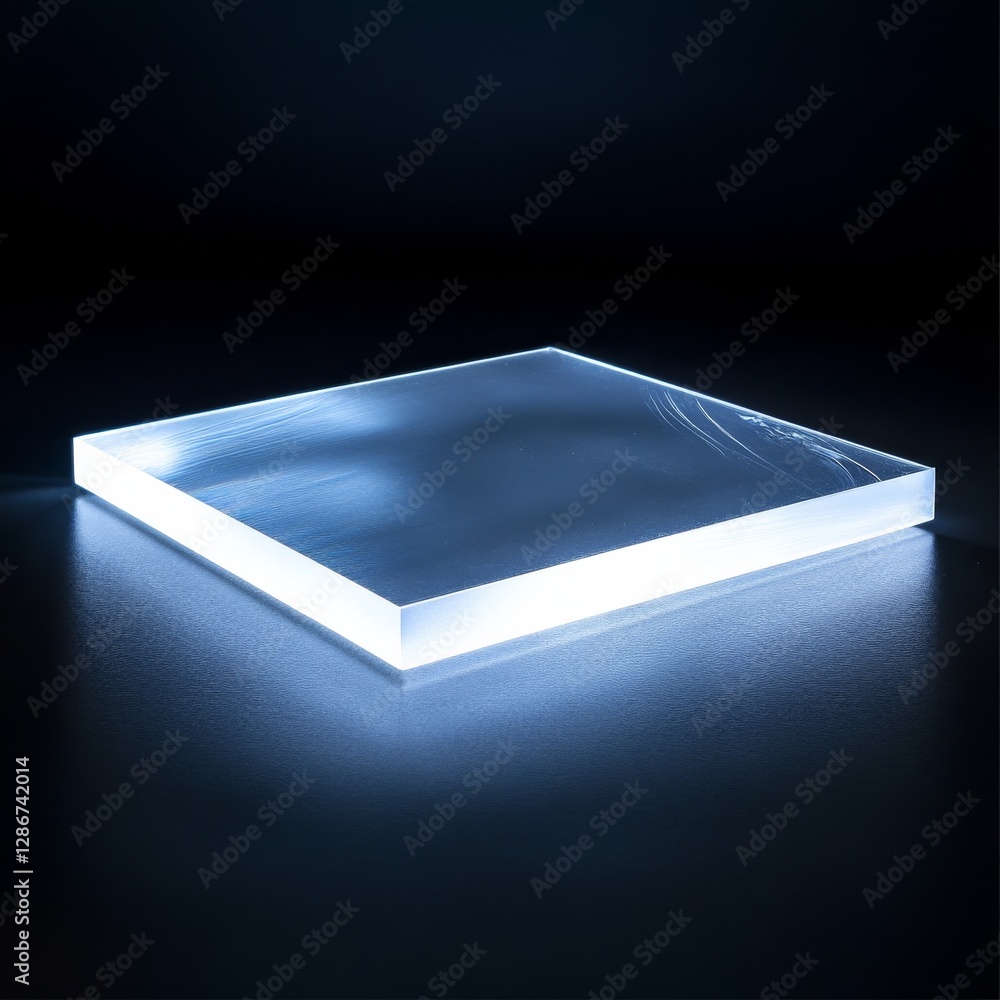 Poster glowing acrylic block on dark background: a study in transparency and light reflection, modern minim