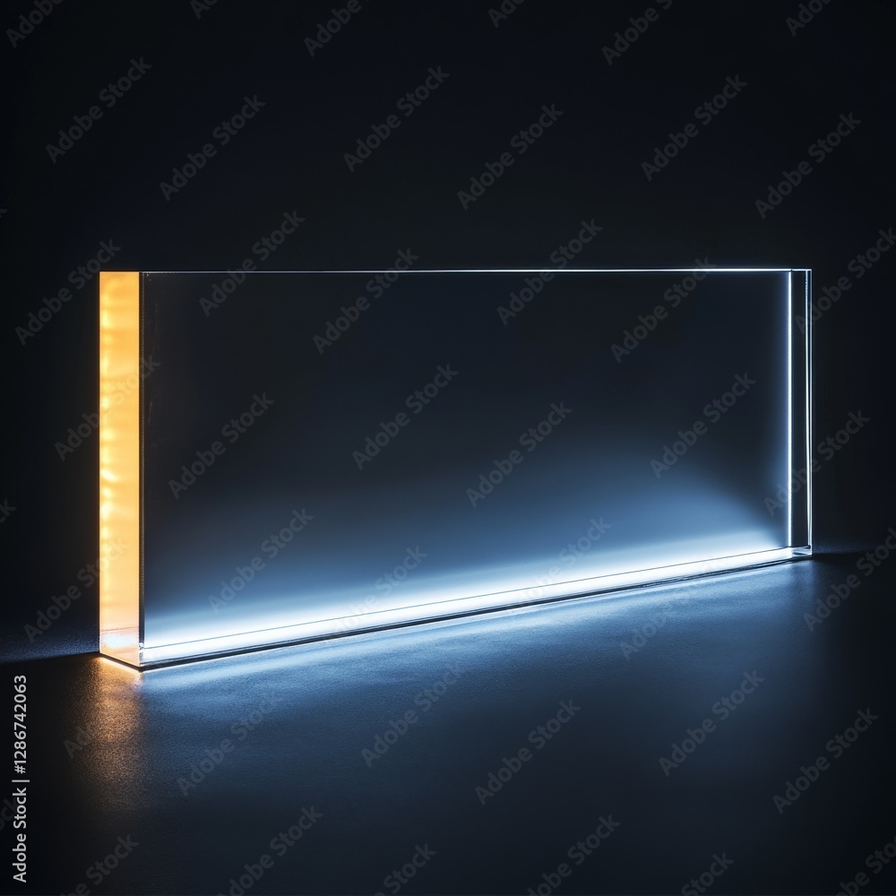 Poster glowing rectangular prism: a modern minimalist display of light and transparency on a dark surface