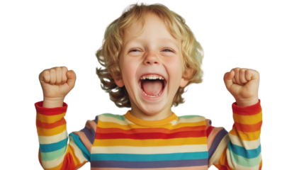 a joyful young child with fair hair is smiling and cheering.