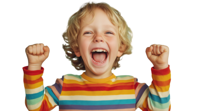 a joyful young child with fair hair is smiling and cheering.
