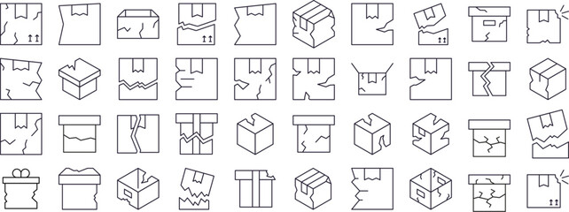Broken Box Line Icon Set. Outline Signs for Graphic and Web Design, Apps, Adverts, Various Cards