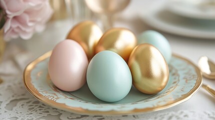 Pastel Dream: Close-up of Delicate Pastel and Gold Easter Eggs, a Festive Springtime Delight. Perfect for Easter cards, spring decorations, and       