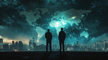 Fototapeta premium Silhouetted workers standing in front of a city skyline with a glowing world map, symbolizing corporate growth and expansion.