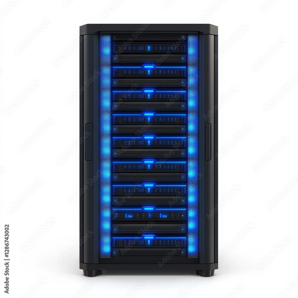 Poster high-performance server rack with blue led indicators, showcasing data center infrastructure and pro