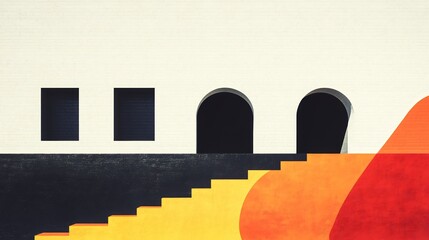 Abstract building vibrant warm colors bold geometric shapes playful design. AI Generated