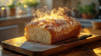 Freshly baked bread on a wooden board against the background of a kitchen