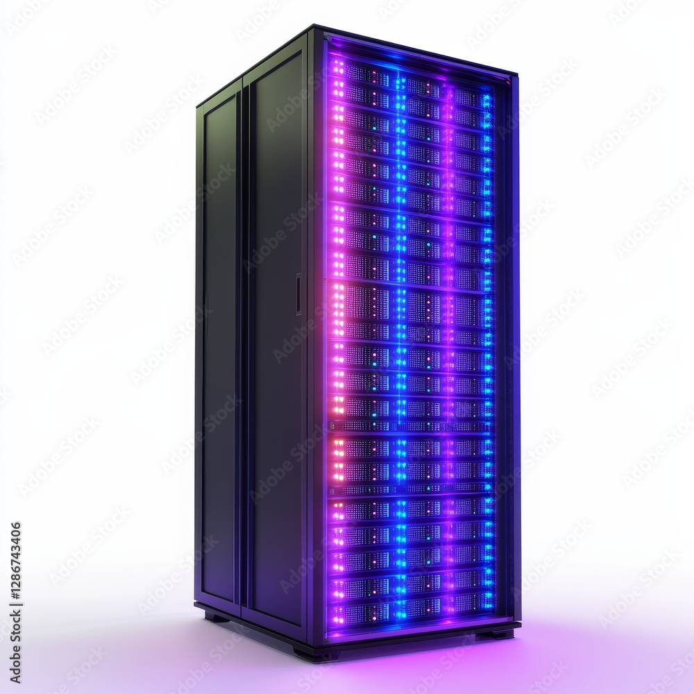 Poster illuminated data center server rack: a modern digital infrastructure powerhouse with sleek design