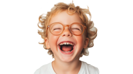 a joyful child with glasses laughs with their mouth open.