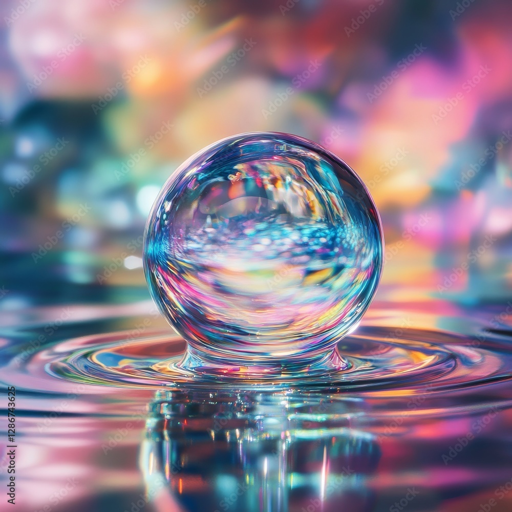 Poster iridescent droplet on rippled surface, reflecting a kaleidoscope of vibrant hues, a captivating disp