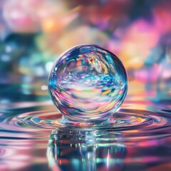 Iridescent Droplet on Rippled Surface, Reflecting a Kaleidoscope of Vibrant Hues, a Captivating Display of Light and Color