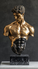 Man torso statue. Black and gold statue. Marble Statue of a Classical Male Figure. Muscular male torso sculpture. 