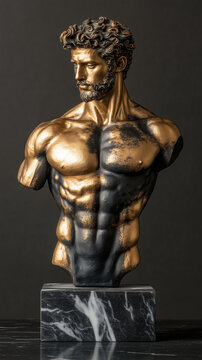 Man torso statue. Black and gold statue. Marble Statue of a Classical Male Figure. Muscular male torso sculpture. 