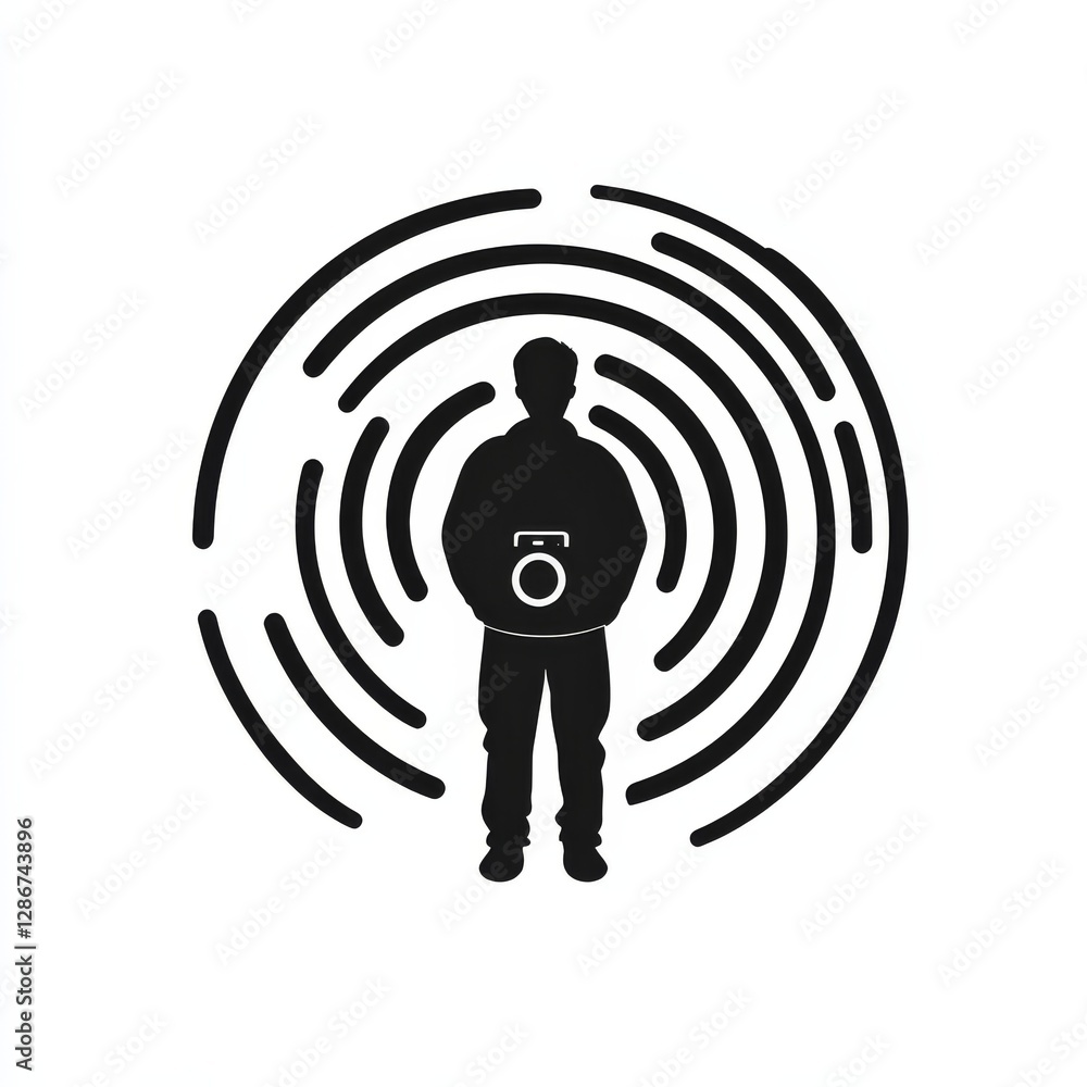Poster man silhouette with camera surrounded by circular waves, black and white minimalist style