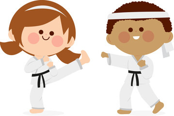 Children training, girl and boy karate athletes in martial arts uniforms. Karate, Taekwondo, judo, jujitsu, kickboxing, or kung fu suits. Vector illustration