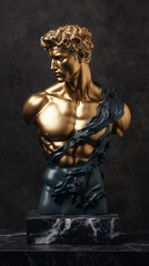Man torso statue. Black and gold statue. Marble Statue of a Classical Male Figure. Muscular male torso sculpture. 