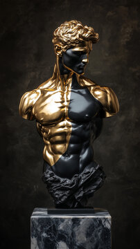 Man torso statue. Black and gold statue. Marble Statue of a Classical Male Figure. Muscular male torso sculpture. 