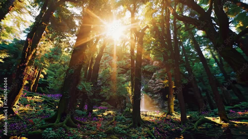 Poster a serene forest scene captured at a low angle, showcasing sunlight filtering through trees, creating