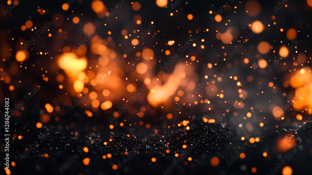 Poster sparkling embers and glowing particles illuminated in a dark environment