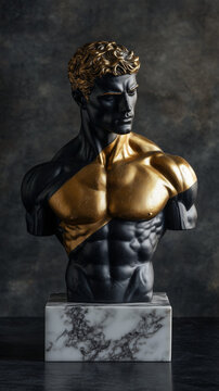 Man torso statue. Black and gold statue. Marble Statue of a Classical Male Figure. Muscular male torso sculpture. 