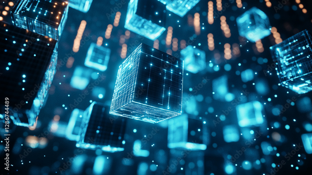 Aufkleber futuristic digital cubes floating in a blue illuminated space during a technology event