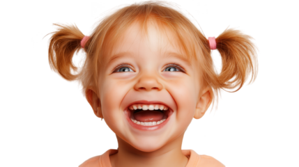 a portrait of a joyful girl with her hair up smiling broadly.