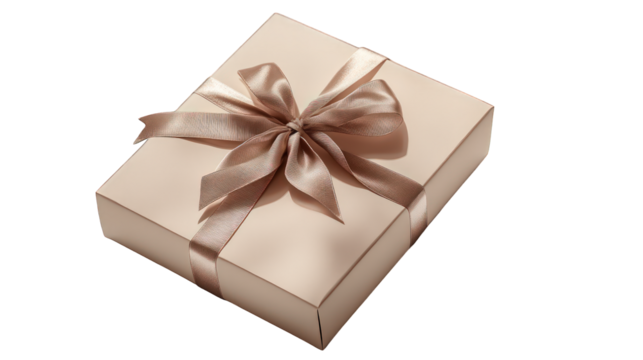 Luxury gift box with a satin ribbon bow, neatly wrapped, isolated on a transparent or white background. --ar 16:9
