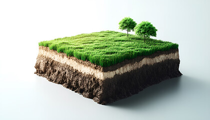 land sign against lawn on cubicle soil and geology cross section with green grass, ground ecology isolated on light color real estate sale, property investment concept
