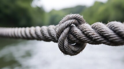 Fototapeta premium Close-up of knot in a rope over a river. Possible use Nature photography