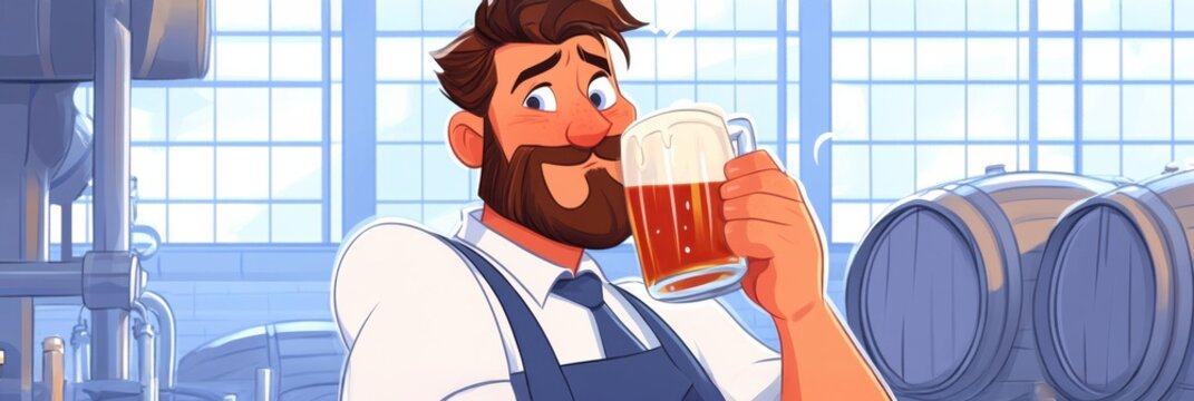 Brewmaster enjoys tasting craft beer in vibrant brewery setting with large barrels