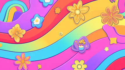 Obraz premium Set of social media ad posts with png frames. Vector illustration of banner templates with funny hippie characters, food, flower, rainbow icons on colorful wavy background. Retro 80s style design