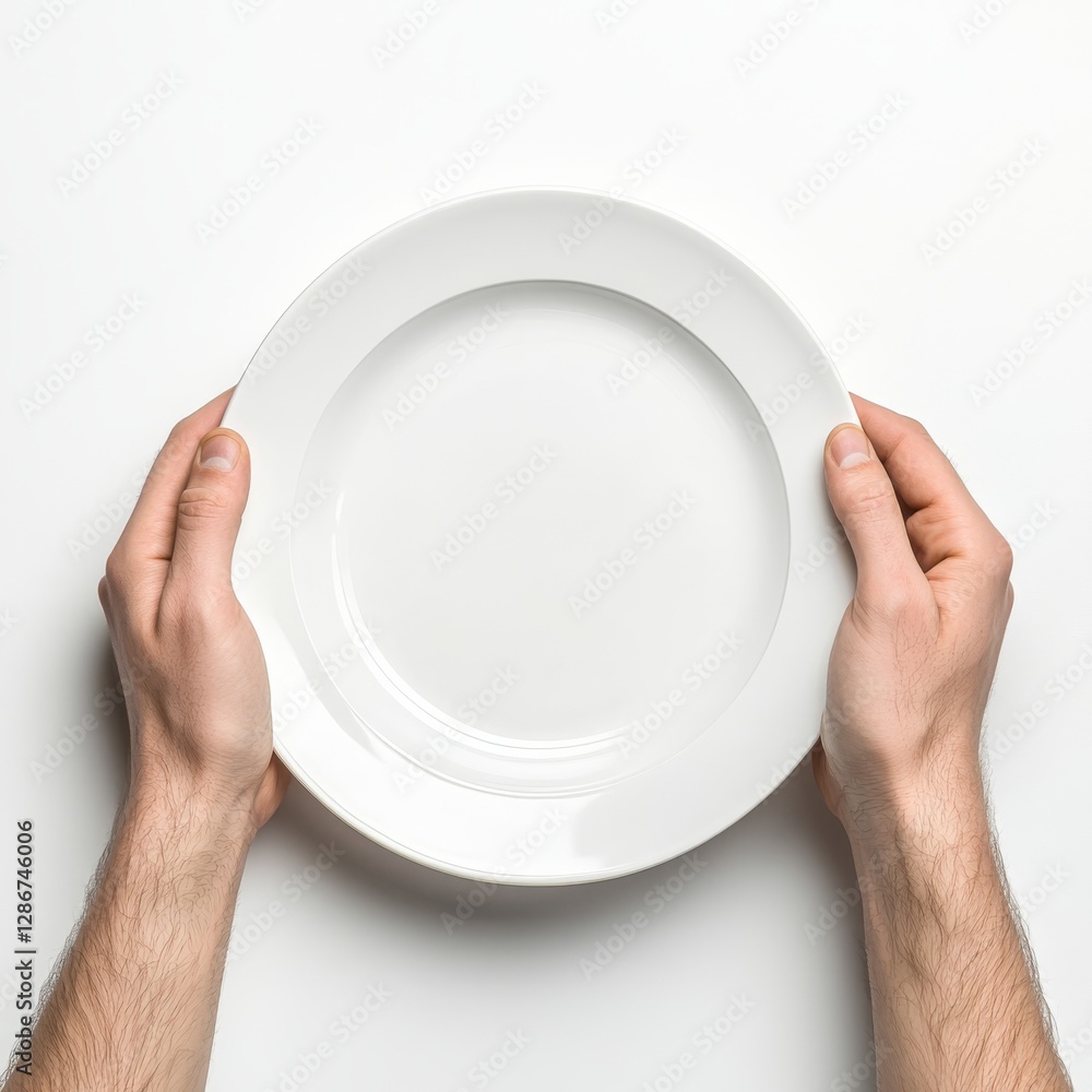Poster presenting a culinary canvas: hands holding a clean, white plate on a minimalist background
