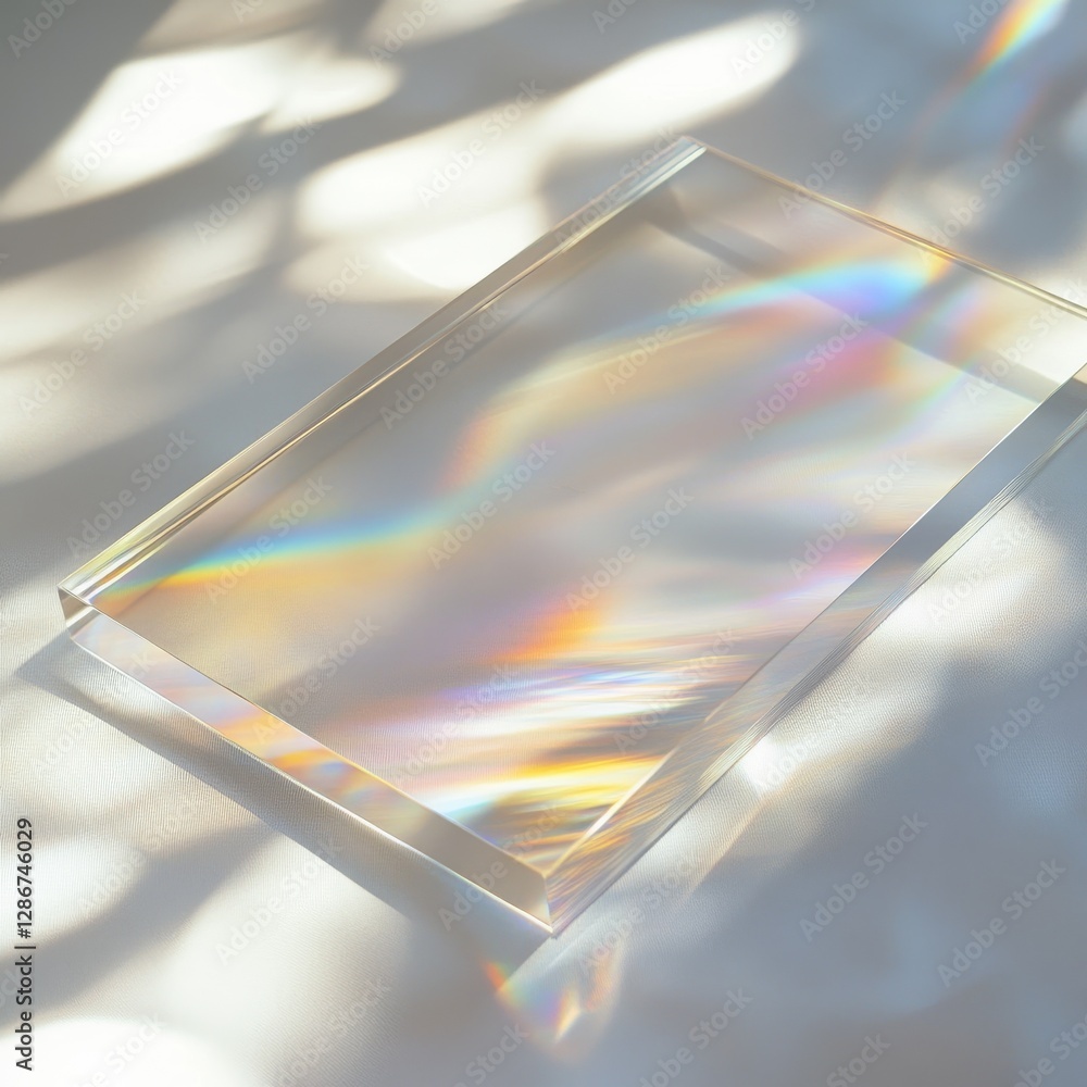Aufkleber Prismatic Reflections: Clear Acrylic Block Casting Rainbow Light Patterns on Textured White Surface, Sunlit Shadows Enhance the Scene.