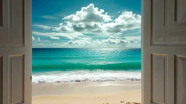 A beautiful turquoise ocean view through an open door on a sunny summer day
