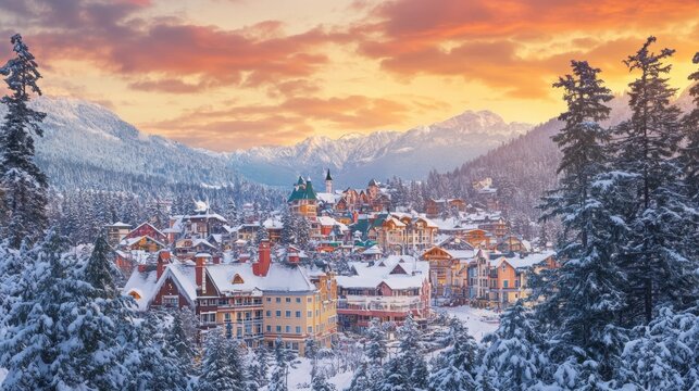 Picturesque winter mountain resort town at sunset