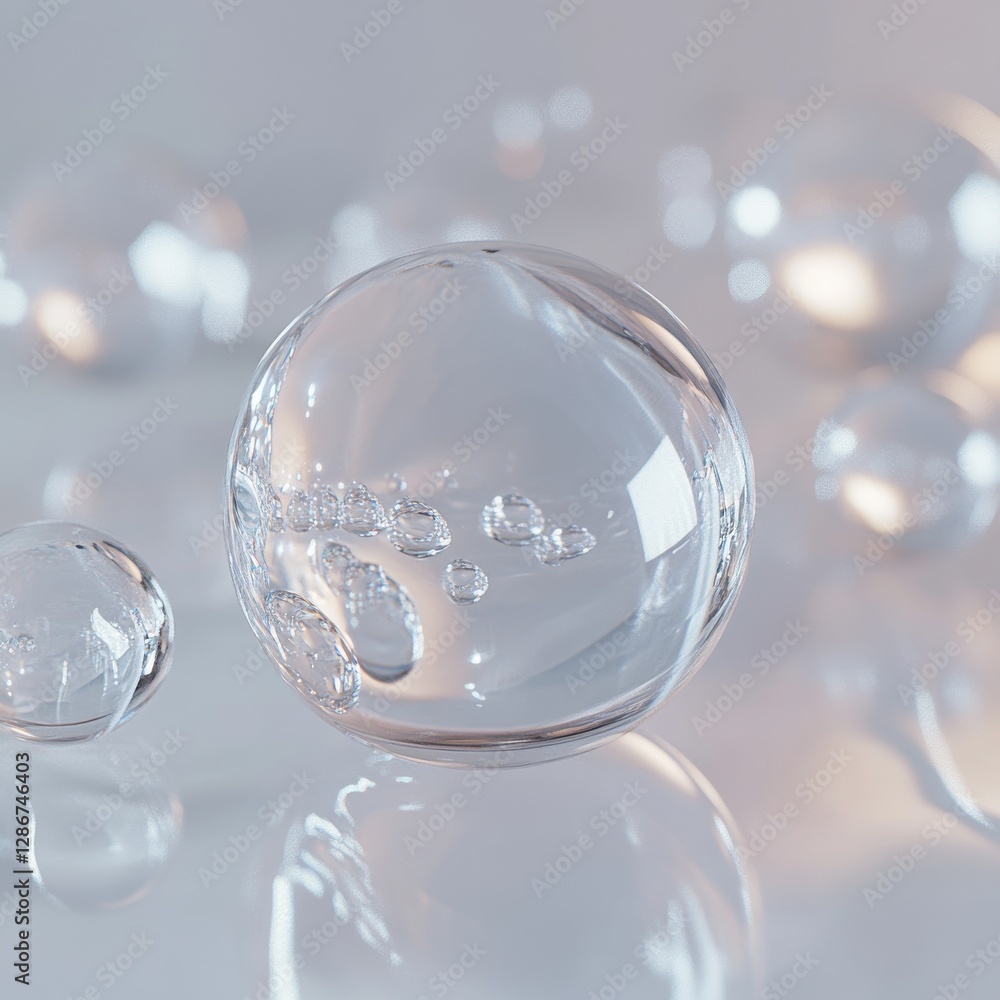 Fototapete reflecting radiance: close-up of transparent spheres with bubbles on a reflective surface in soft li