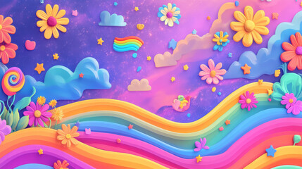 Set of social media ad posts with png frames. Vector illustration of banner templates with funny hippie characters, food, flower, rainbow icons on colorful wavy background. Retro 80s style design
