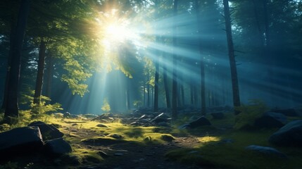 sun shining through the forest,A forest with rays of sunlight shining through,generative ai illustration