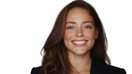 smiling woman with long brown hair.