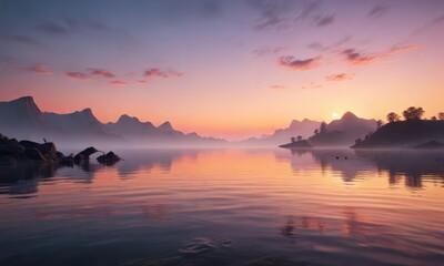 Water's surface reflecting the misty dawn sky above, mist, ethereal