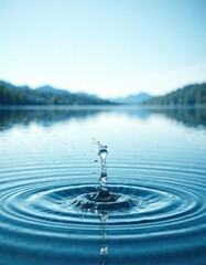 Water splashes in mid-air as a droplet hits the surface of a calm lake on a clear blue sky day , fluid motion , serene landscape, ripples on water