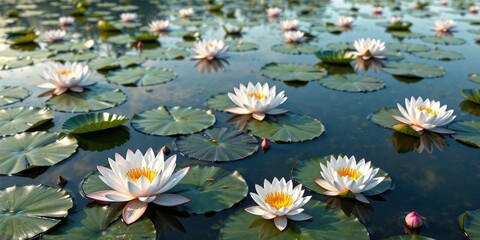 Water lily flowers on the surface of a calm lake , natural beauty , water lily