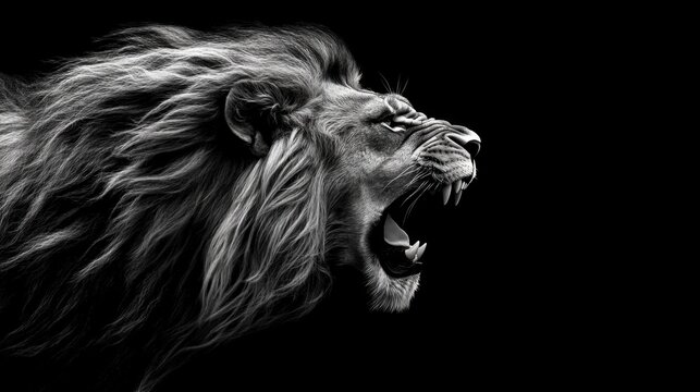 Roaring lion against black background