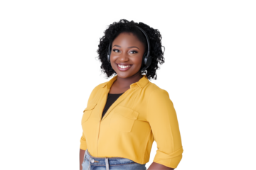 Smiling Customer Service Representative with Curly Hair Wearing a Yellow Shirt and Headset on a Transparent PNG Background