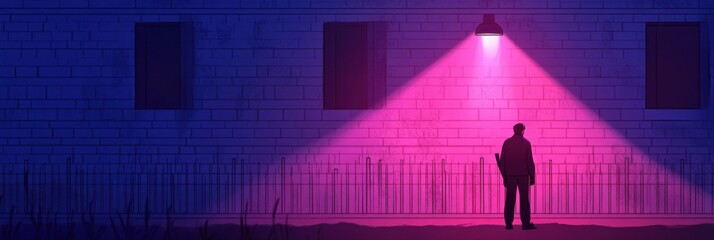 Mysterious night security guard patrols dark building with flashlight
