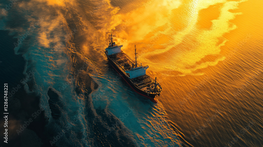 Poster a ship sailing through an ocean of liquid gold at sunset. --ar 16:9 --style raw --v 6.1 job id: b8f1
