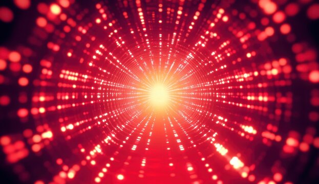 Red glowing digital data background with light effect and binary code, technology wallpaper vector illustration of a tunnel made from red square lights