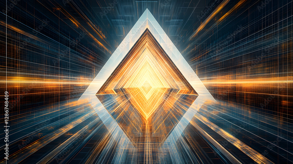 Poster geometric abstraction featuring a triangle with light streaks and a colorful background