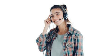 Smiling Young Woman with Headset on Transparent Background – Customer Service Representative or Call Center Agent in Casual Plaid Shirt Using Microphone Headphones for Communication, PNG Cutout